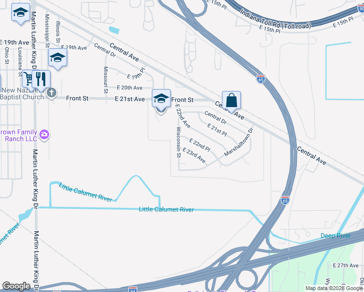 map of restaurants, bars, coffee shops, grocery stores, and more near 2331 Wisconsin Street in Gary