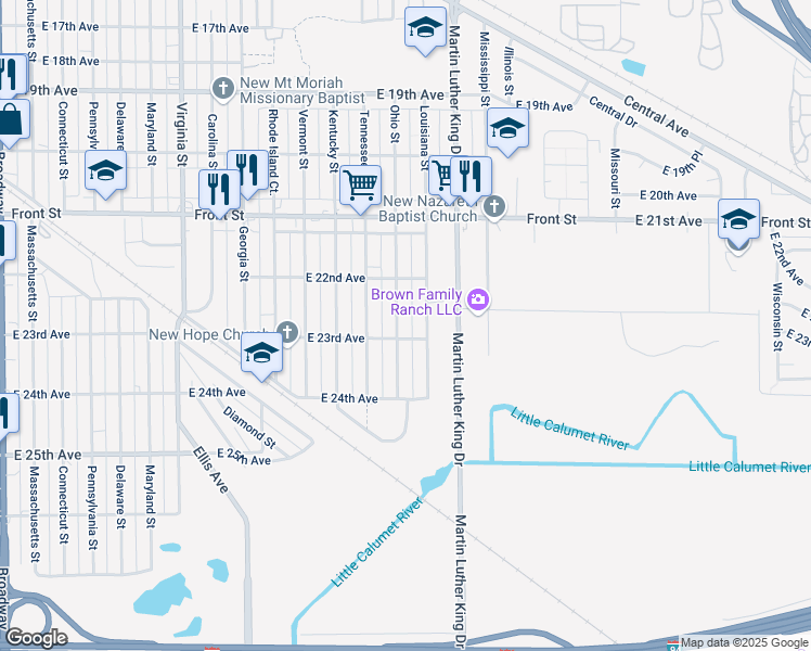 map of restaurants, bars, coffee shops, grocery stores, and more near 2261 Ohio Street in Gary