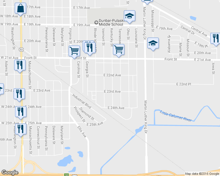 map of restaurants, bars, coffee shops, grocery stores, and more near 2262 Kentucky Street in Gary