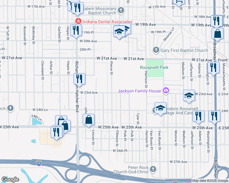 map of restaurants, bars, coffee shops, grocery stores, and more near 1110 West 23rd Avenue in Gary
