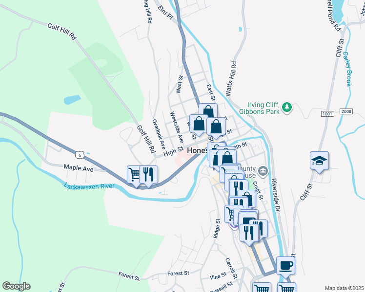 map of restaurants, bars, coffee shops, grocery stores, and more near 1222 Westside Avenue in Honesdale