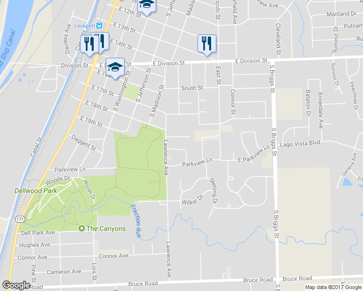 map of restaurants, bars, coffee shops, grocery stores, and more near 540 Charles Street in Lockport