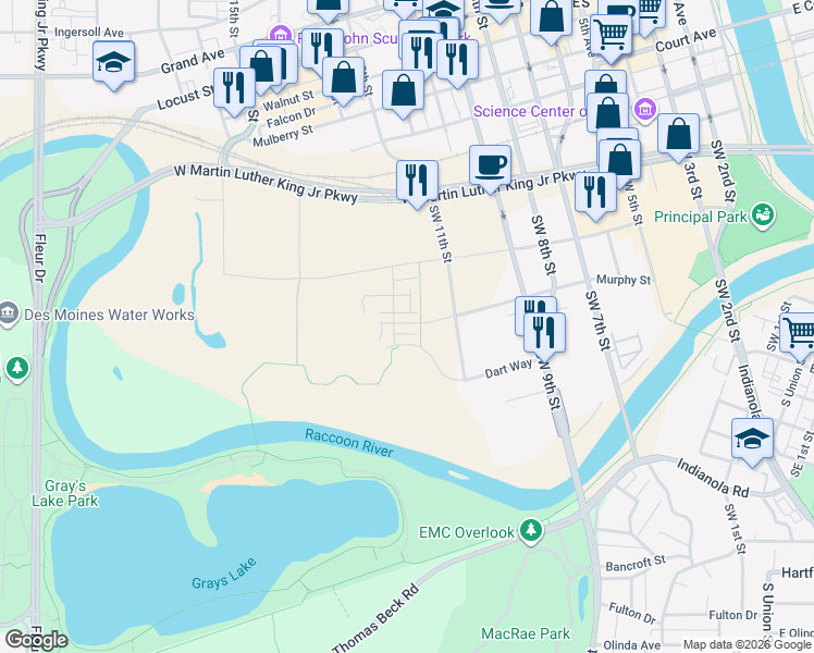 map of restaurants, bars, coffee shops, grocery stores, and more near 1250 West Martin Luther King Junior Parkway in Des Moines