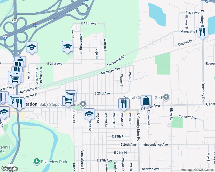 map of restaurants, bars, coffee shops, grocery stores, and more near 2235 Warren Street in Lake Station