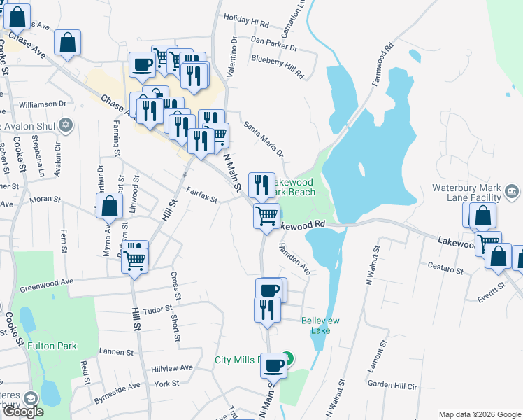 map of restaurants, bars, coffee shops, grocery stores, and more near 1906 North Main Street in Waterbury