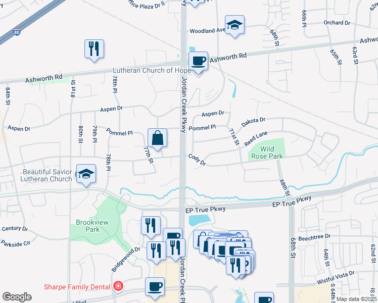 map of restaurants, bars, coffee shops, grocery stores, and more near 620 72nd Place in West Des Moines
