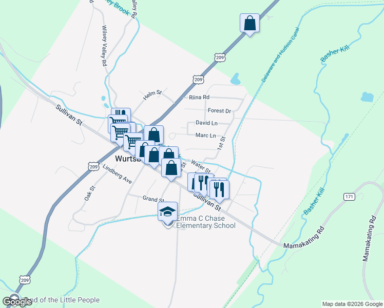 map of restaurants, bars, coffee shops, grocery stores, and more near 25 Rosewood Lane in Wurtsboro