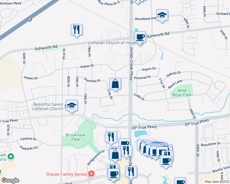 map of restaurants, bars, coffee shops, grocery stores, and more near 624 76th Street in West Des Moines