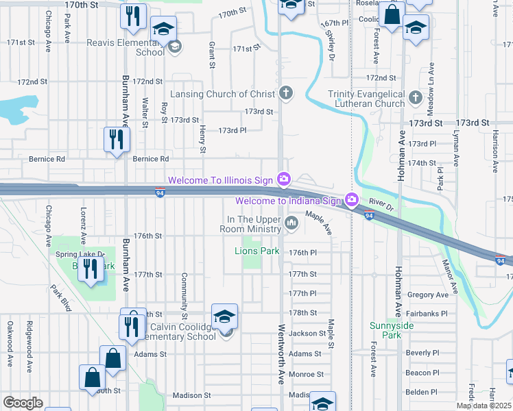 map of restaurants, bars, coffee shops, grocery stores, and more near 17510 Bernadine Street in Lansing