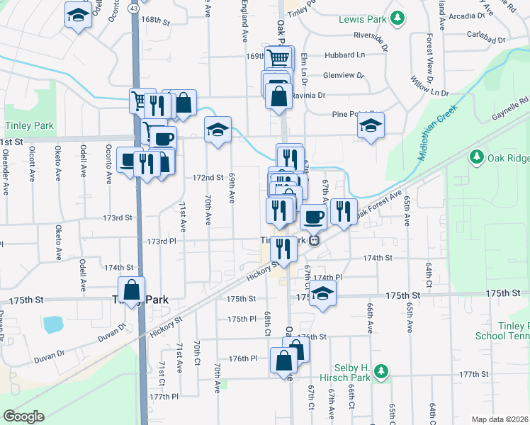 map of restaurants, bars, coffee shops, grocery stores, and more near 17267 68th Court in Tinley Park