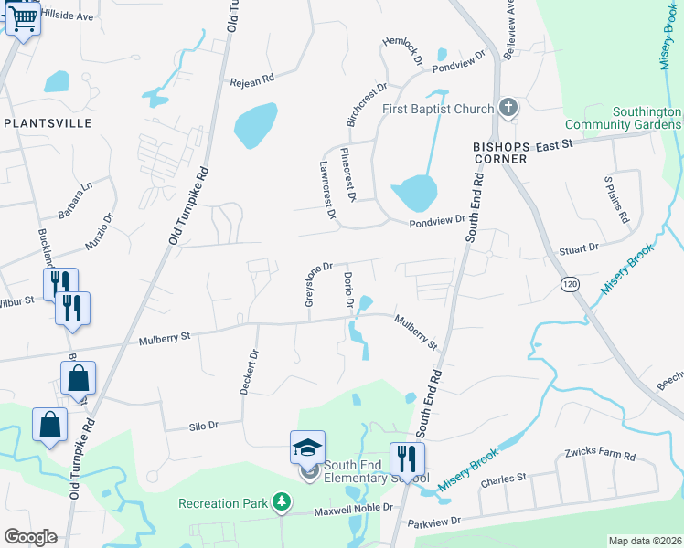 map of restaurants, bars, coffee shops, grocery stores, and more near 53 Dorio Drive in Southington