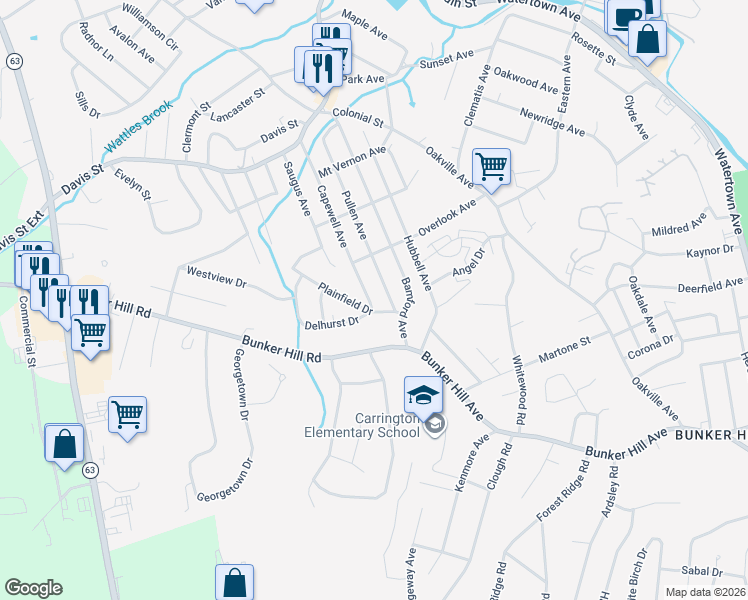 map of restaurants, bars, coffee shops, grocery stores, and more near 72 Plainfield Drive in Waterbury