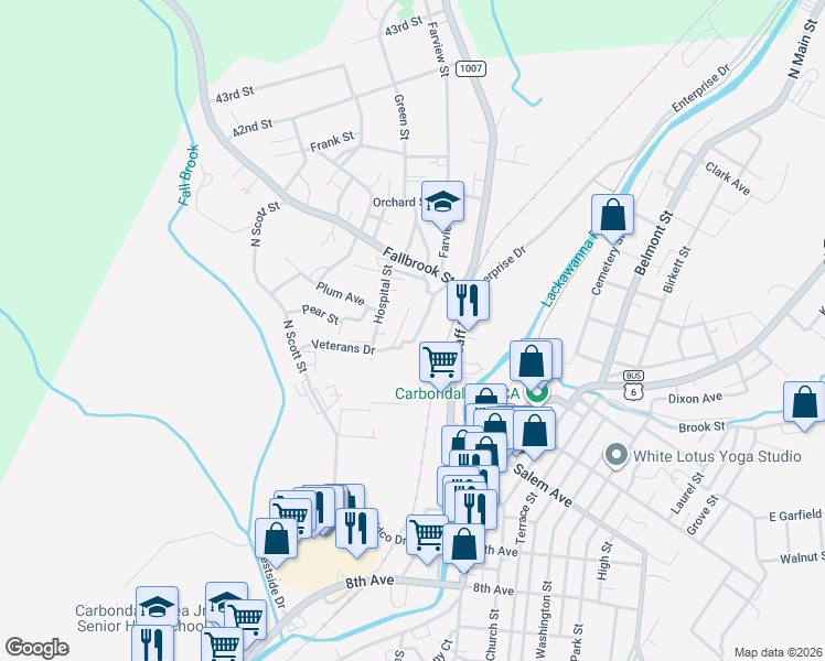 map of restaurants, bars, coffee shops, grocery stores, and more near 18 Villa Street in Carbondale