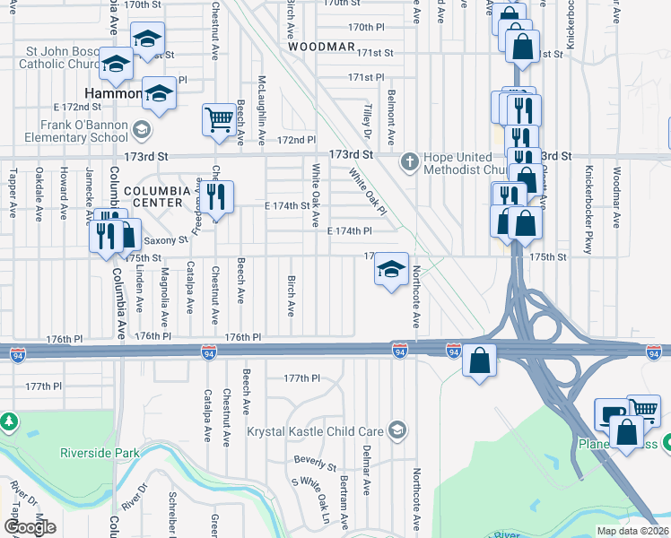 map of restaurants, bars, coffee shops, grocery stores, and more near 7515 Bertram Avenue in Hammond