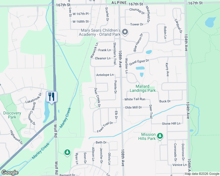 map of restaurants, bars, coffee shops, grocery stores, and more near 17208 Pointe Drive in Orland Park