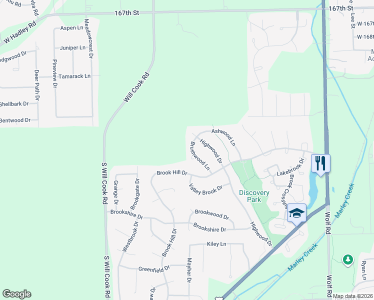 map of restaurants, bars, coffee shops, grocery stores, and more near 17188 Brushwood Lane in Orland Park