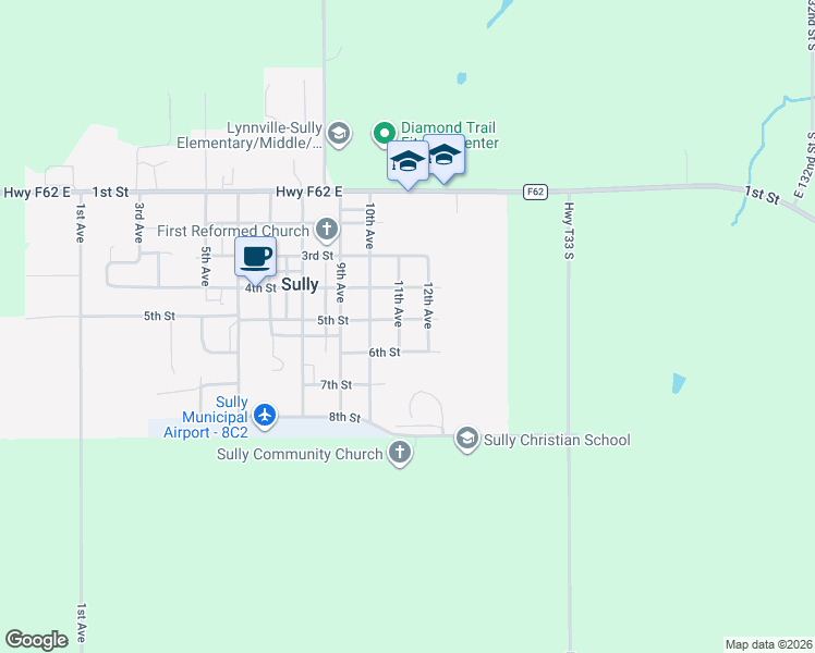 map of restaurants, bars, coffee shops, grocery stores, and more near 1102 5th Street in Sully