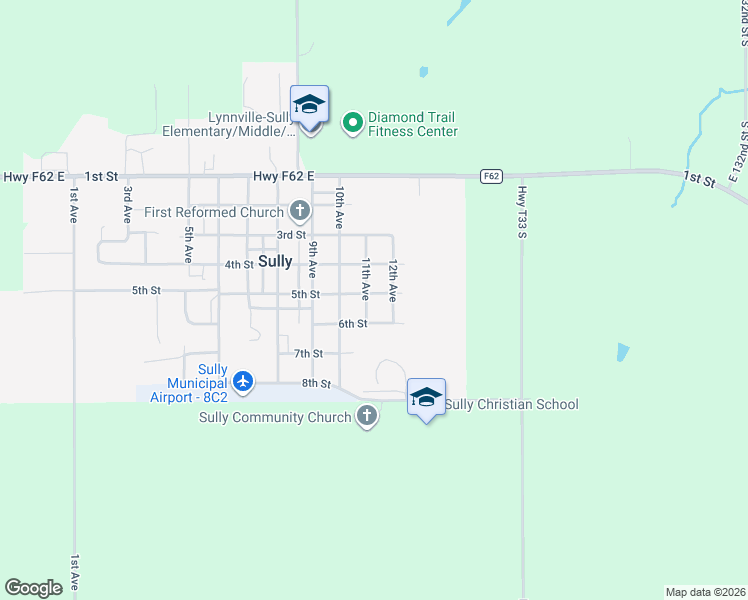 map of restaurants, bars, coffee shops, grocery stores, and more near 1102 5th Street in Sully