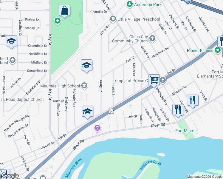 map of restaurants, bars, coffee shops, grocery stores, and more near 1059 Leith Street in Maumee