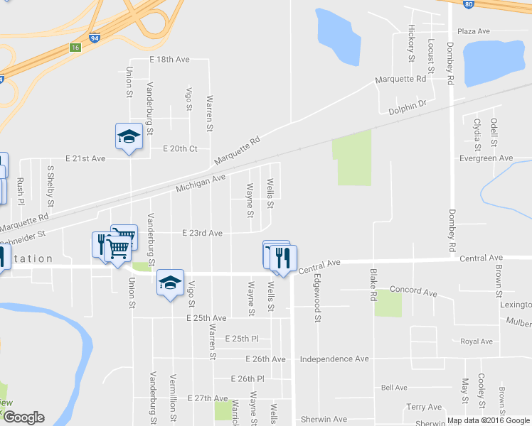 map of restaurants, bars, coffee shops, grocery stores, and more near 2228 Wells Street in Gary