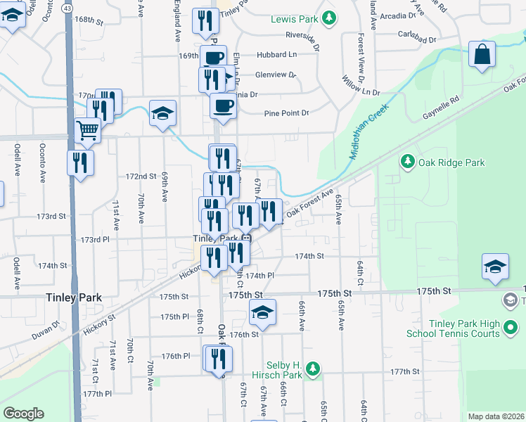 map of restaurants, bars, coffee shops, grocery stores, and more near 6647 173rd Street in Tinley Park