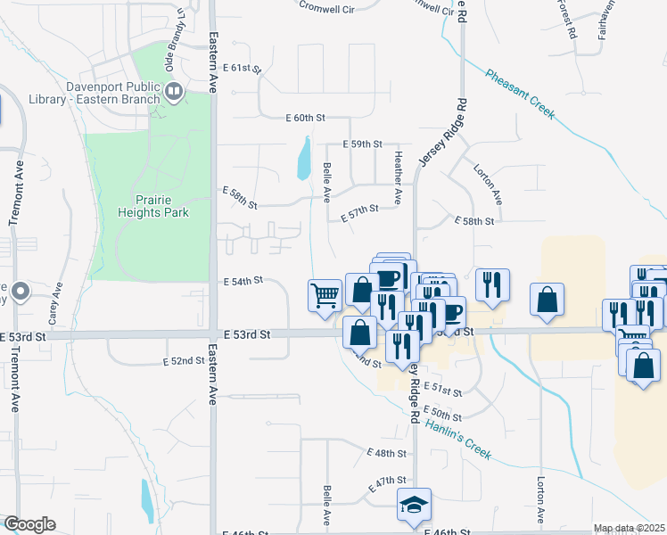 map of restaurants, bars, coffee shops, grocery stores, and more near 5638 Belle Court in Davenport