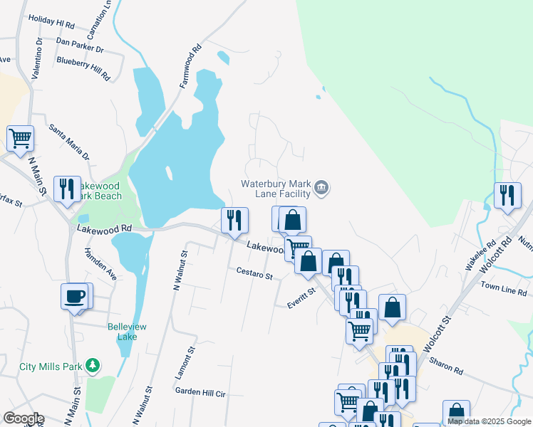 map of restaurants, bars, coffee shops, grocery stores, and more near 57 Grilleytown Road in Waterbury