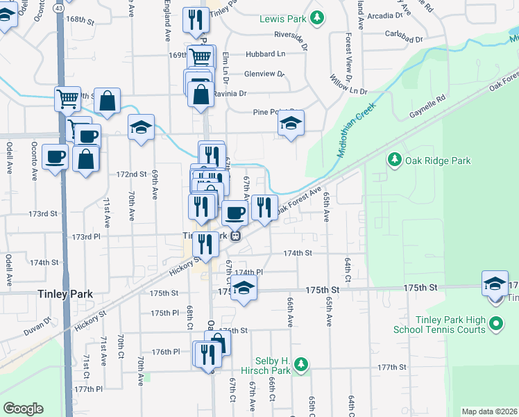 map of restaurants, bars, coffee shops, grocery stores, and more near 6647 173rd Street in Tinley Park