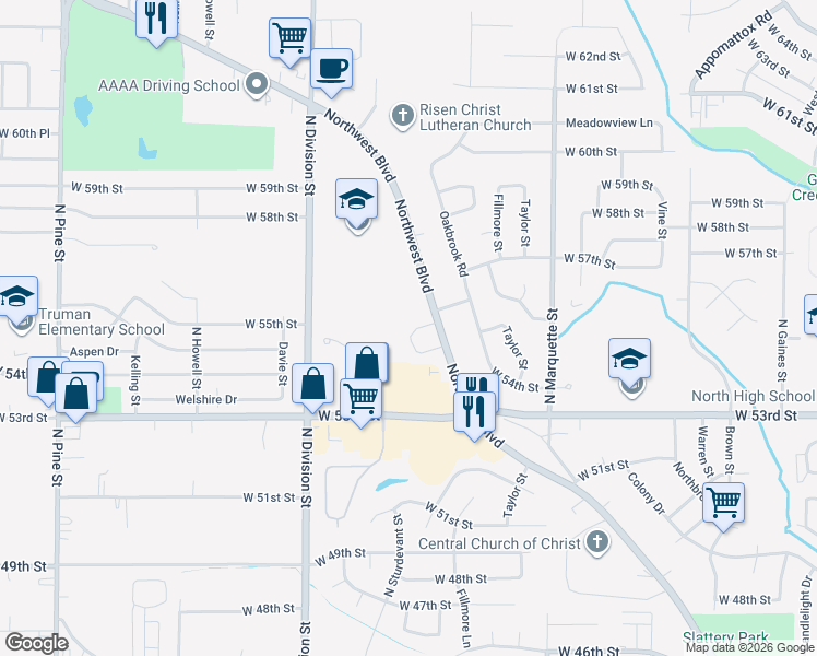map of restaurants, bars, coffee shops, grocery stores, and more near 13 Northwest Crossing in Davenport