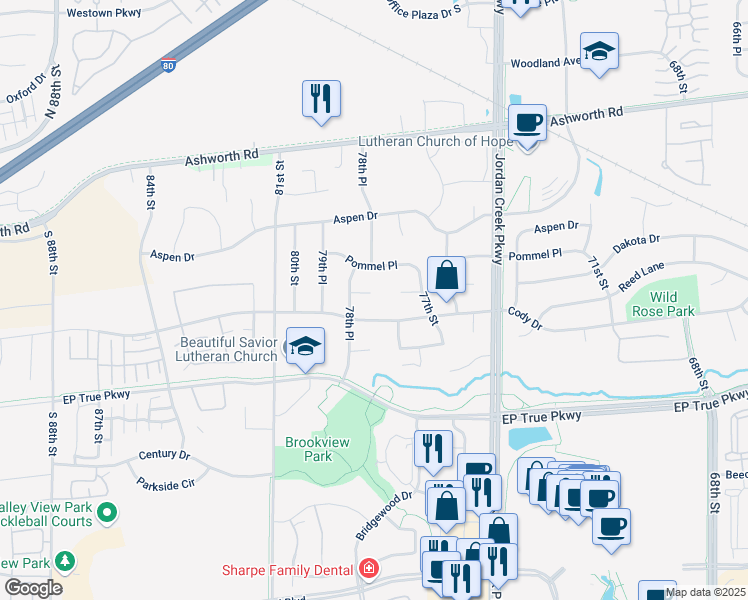map of restaurants, bars, coffee shops, grocery stores, and more near 7836 Dakota Circle in West Des Moines