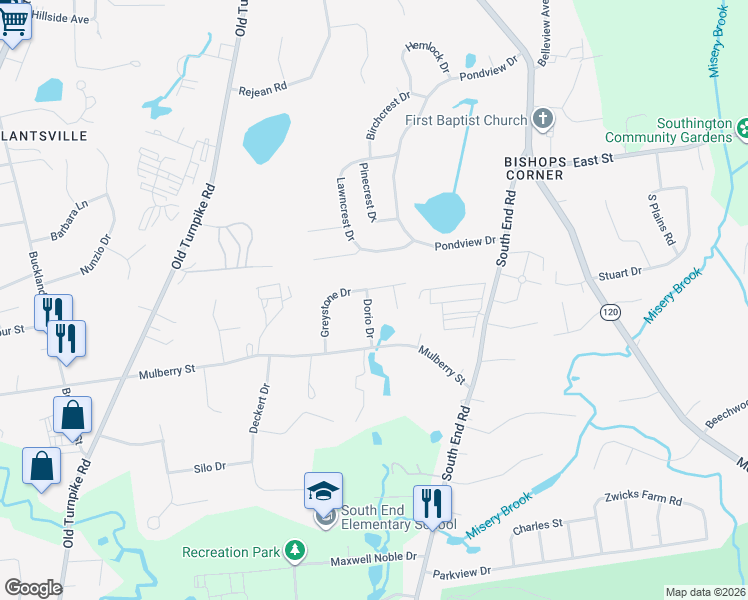 map of restaurants, bars, coffee shops, grocery stores, and more near 53 Dorio Drive in Southington