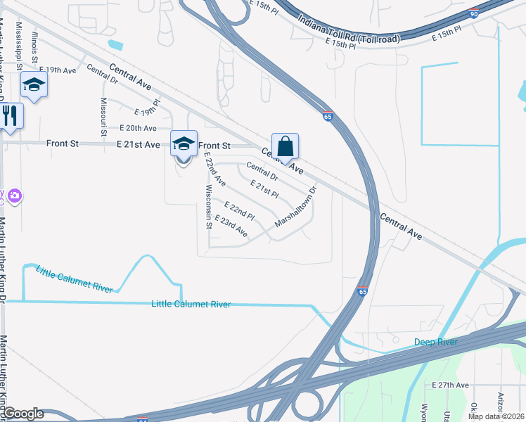 map of restaurants, bars, coffee shops, grocery stores, and more near 2709 East 22nd Avenue in Gary