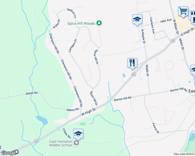 map of restaurants, bars, coffee shops, grocery stores, and more near 20 Spice Hill Drive in East Hampton