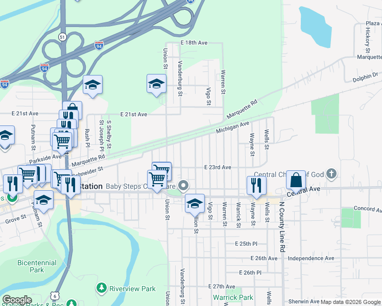 map of restaurants, bars, coffee shops, grocery stores, and more near 2228 Vermillion Street in Lake Station
