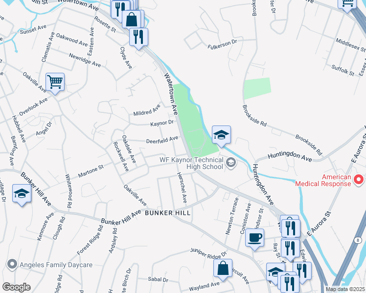 map of restaurants, bars, coffee shops, grocery stores, and more near 1201 Watertown Ave in Waterbury
