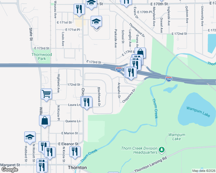 map of restaurants, bars, coffee shops, grocery stores, and more near 55 Indianwood Drive in Thornton
