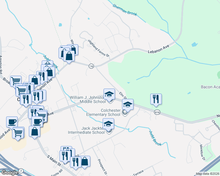 map of restaurants, bars, coffee shops, grocery stores, and more near 104 Elm Street in Colchester