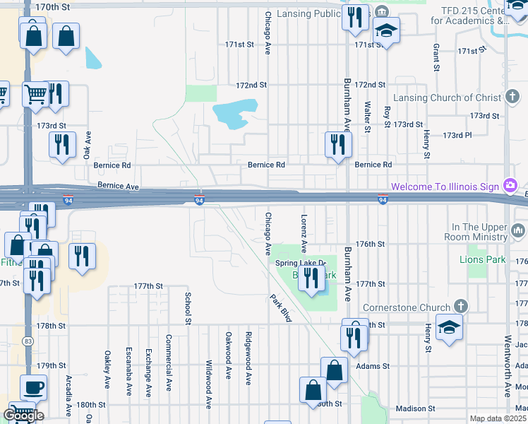 map of restaurants, bars, coffee shops, grocery stores, and more near 17506 Chicago Avenue in Lansing