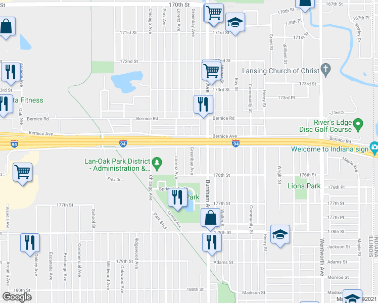 map of restaurants, bars, coffee shops, grocery stores, and more near 17508 Greenbay Avenue in Lansing