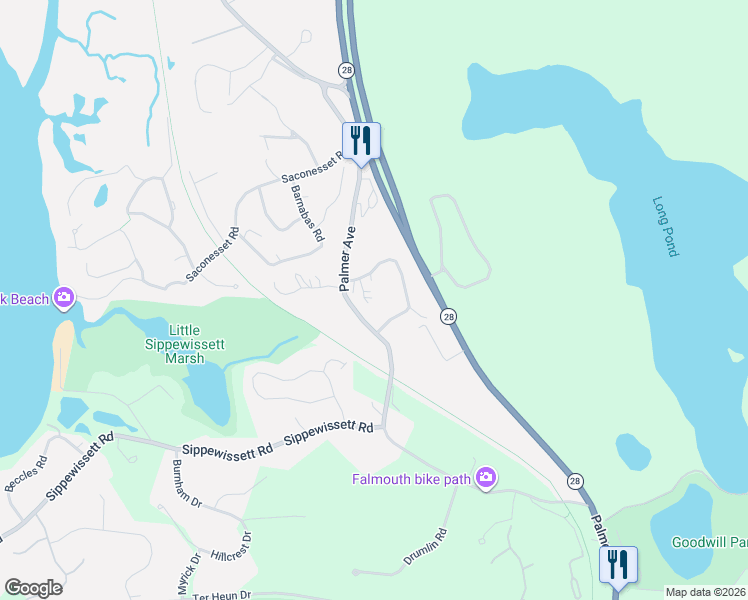 map of restaurants, bars, coffee shops, grocery stores, and more near 7 Cachalot Lane in Falmouth