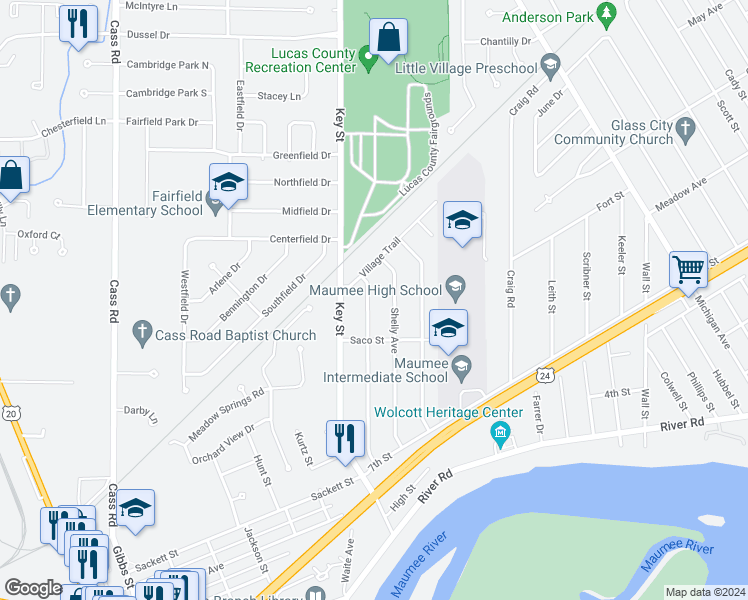 map of restaurants, bars, coffee shops, grocery stores, and more near 1230 Elco Avenue in Maumee