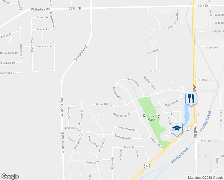 map of restaurants, bars, coffee shops, grocery stores, and more near 17188 Brushwood Lane in Orland Park