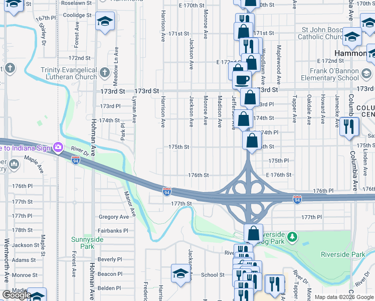 map of restaurants, bars, coffee shops, grocery stores, and more near in Hammond