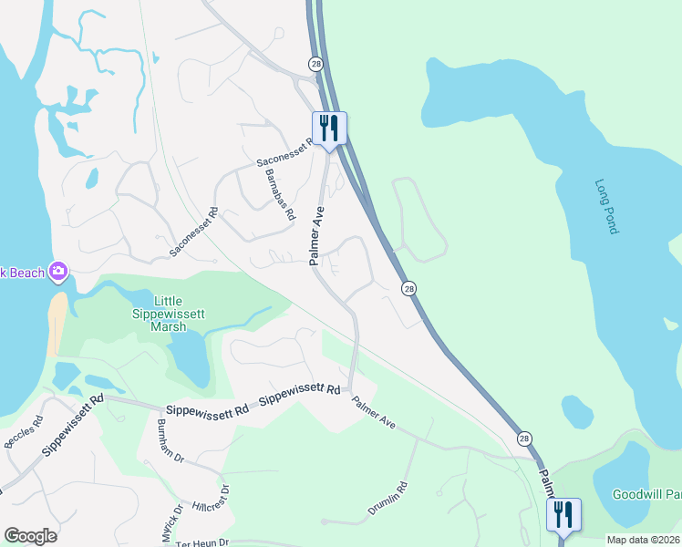 map of restaurants, bars, coffee shops, grocery stores, and more near 7 Cachalot Lane in Falmouth