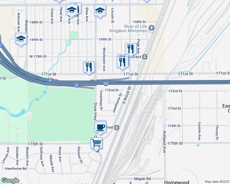 map of restaurants, bars, coffee shops, grocery stores, and more near 1825 172nd Street in Hazel Crest
