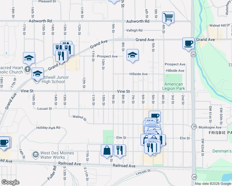 map of restaurants, bars, coffee shops, grocery stores, and more near 541 9th Street in West Des Moines