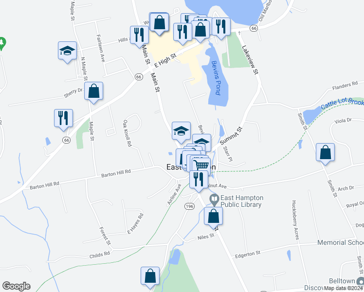 map of restaurants, bars, coffee shops, grocery stores, and more near 55 Main Street in East Hampton