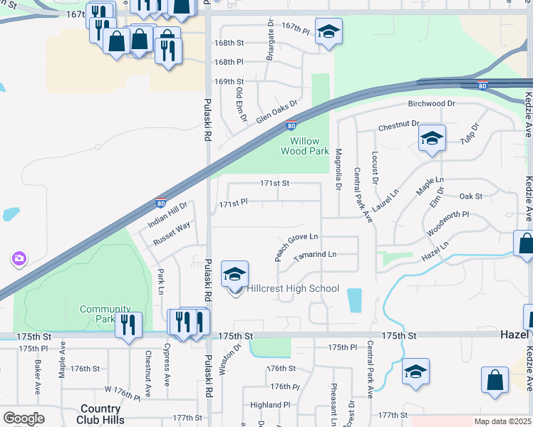 map of restaurants, bars, coffee shops, grocery stores, and more near 3858 Holly Court in Country Club Hills