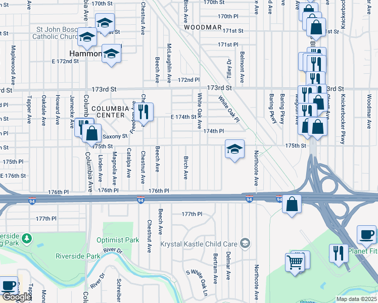 map of restaurants, bars, coffee shops, grocery stores, and more near 7511 Birch Avenue in Hammond