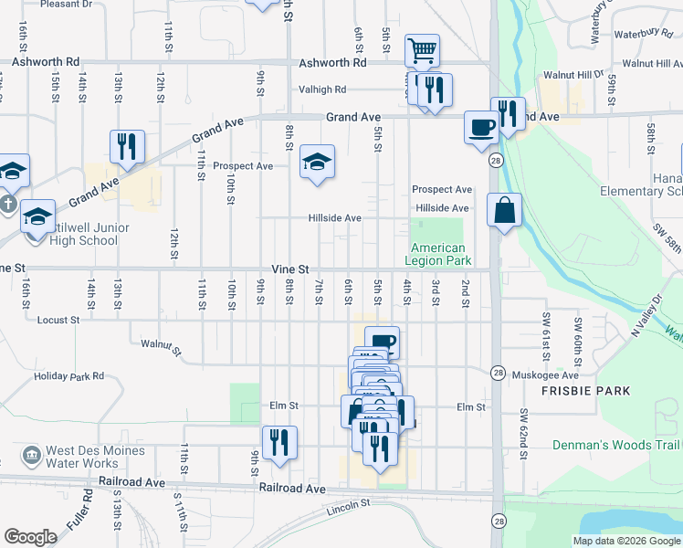 map of restaurants, bars, coffee shops, grocery stores, and more near 537 7th Street in West Des Moines